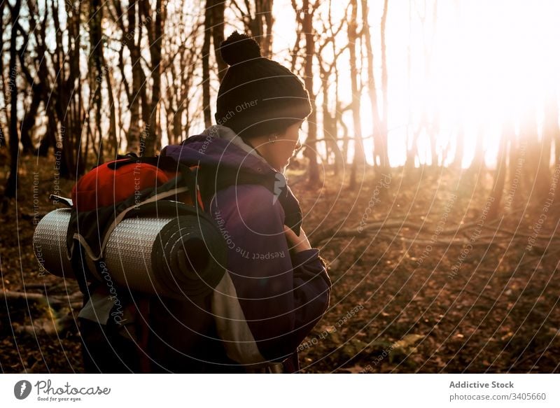 Backpacker-Trekking im Herbstwald Wald Wanderer Spaziergang Abenteuer Natur Reise Ausflug reisen erkunden Person Umwelt Fernweh Freiheit Feiertag Landschaft