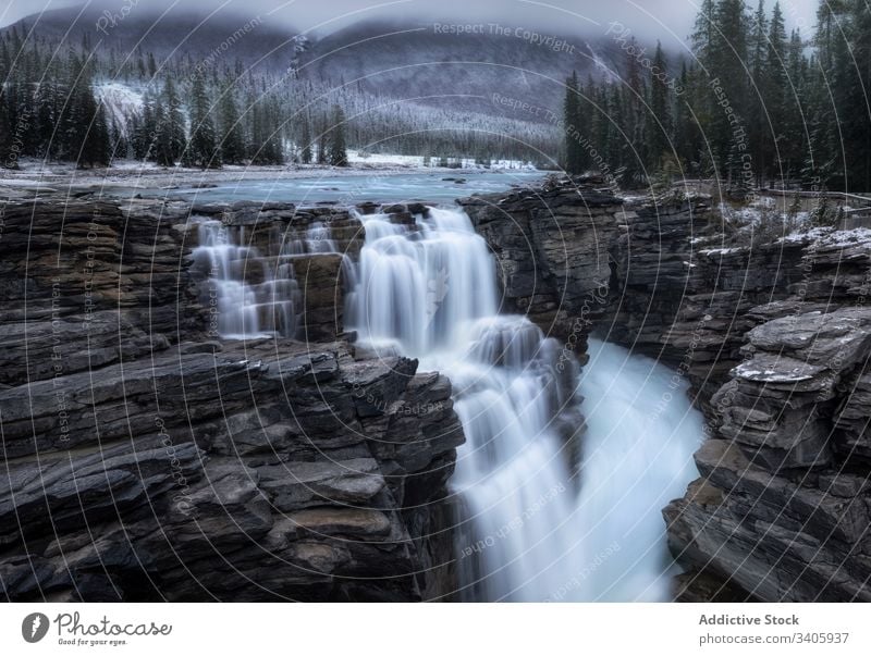 Wasserfall-Kaskade am Bergfluss Felsen Berge u. Gebirge Wald Natur Landschaft strömen fließen Fluss wild malerisch reisen Tourismus Stein Umwelt platschen Baum