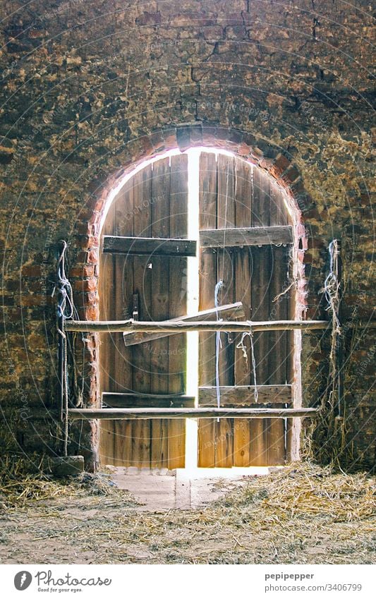 altes Scheunentor Tor Holz Tür Stall verfallen Farbfoto Holzbrett Seil Brett Hütte geschlossen Holztür Gedeckte Farben Menschenleer Riegel Strukturen & Formen