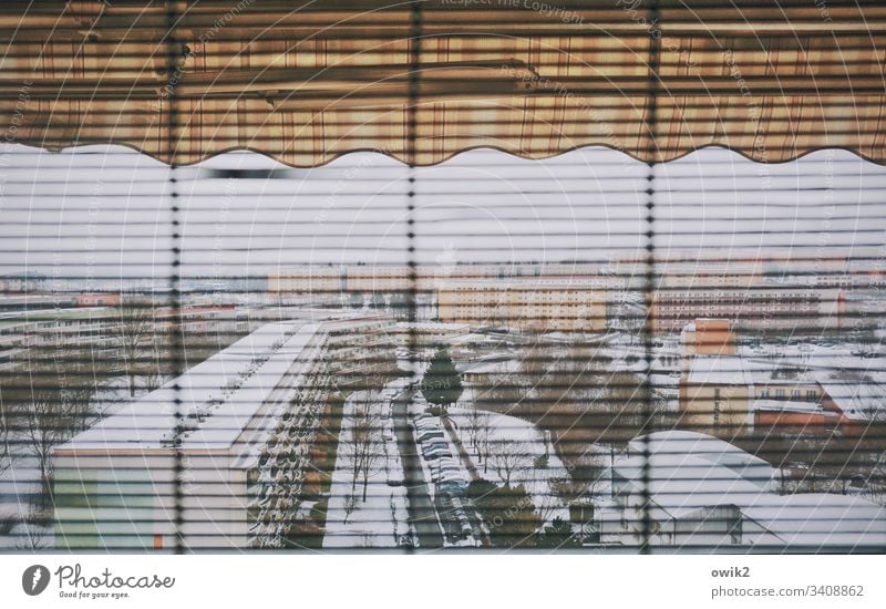 Überblick verschaffen Wohnblöcke Bautzen Plattenbau DDR Wohngebiet Stadtrand Ostdeutschland Fenster Ausblick Lamellen Markise Jalousie Winter Schnee Kälte