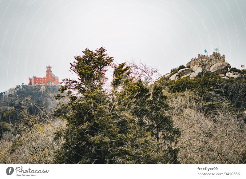 Maurische Burg und Pena-Palast in Sintra, Portugal Landschaft Touristik Kastelo Architektur horizontal Historie historisches Gebäude lisboa mouros Erde