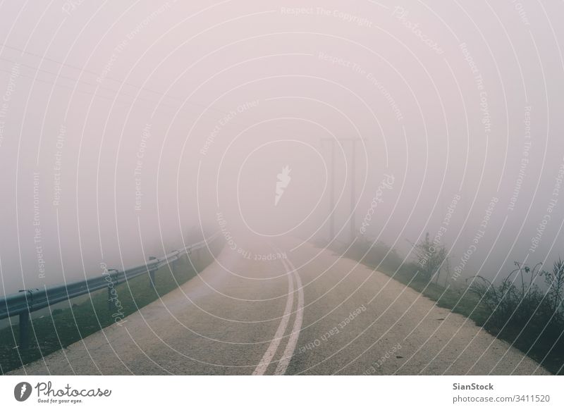 Herbstliche Landschaft, neblige Straße im Wald Nebel Natur Weg Griechenland evros Rodopi Baum Licht grün Morgen Hintergrund dunkel Morgendämmerung Mysterium