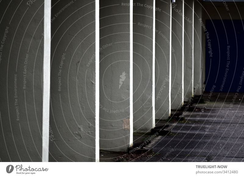 Eine Reihe weißer Garagen Einfahrten, gleichförmig in funktionaler und billiger Bauweise Bauwerk einfach garageneinfahrt Siedlung Stadt schwarz Mauer Asphalt