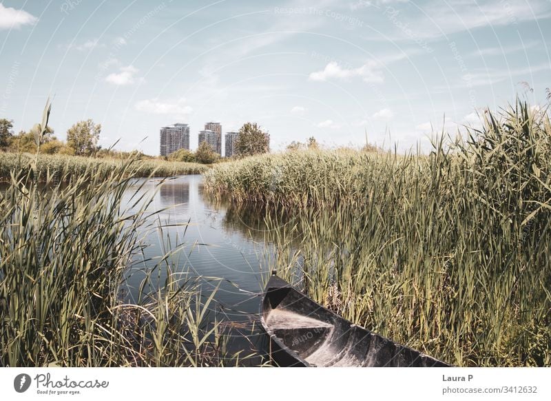 Altes Boot in der Nähe eines von Schilf umgebenen Sees Einsamkeit Abend im Freien ruhen ökologisch sich[Akk] entspannen Fischen Ufer Meditation Frieden