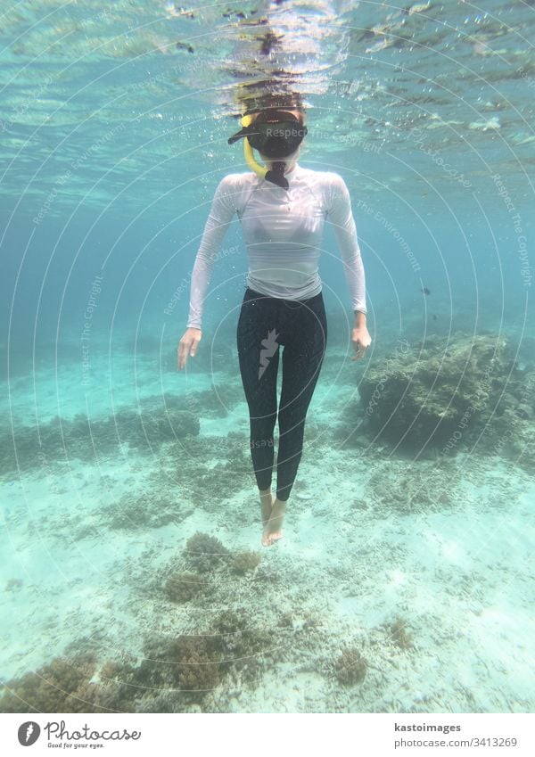 Frau mit Maske beim Schnorcheln im blauen Meer. Wasser unter Wasser tropisch Mundschutz übersichtlich MEER Spaß Sinkflug Lifestyle Sommer jung marin Gesicht