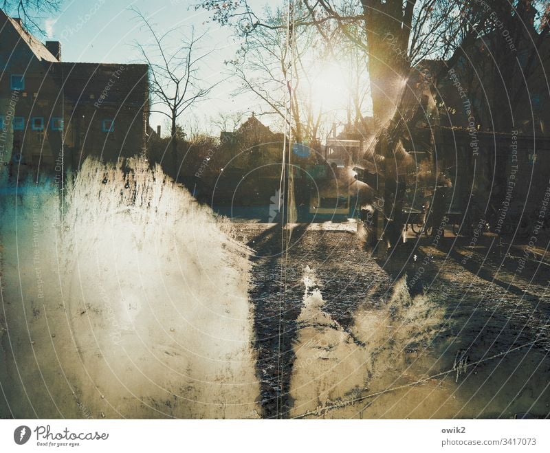 Eisscheibe Bushaltestelle Glas Glasscheibe Schutz durchsichtig vereist Winter Frost Kälte Sonne Sonnenlicht Gegenlicht wolkenloser Himmel Bäume Park