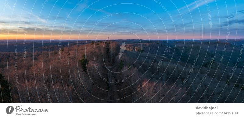 Der Pfälzerwald in vom Luitpoldturm aus gesehen. Landschaft Natur Dämmerung Abenddämmerung Himmel Rheinland-Pfalz Baum Wald Europa Deutschland Hügel