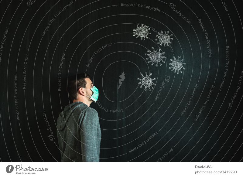 Coronavirus-Mann mit Atemmaske Atemschutzmaske Virus Mundschutz Infektion Infektionsgefahr jemanden/etwas bewachen Angst Seuche Pandemie Krankheit Zeichnung