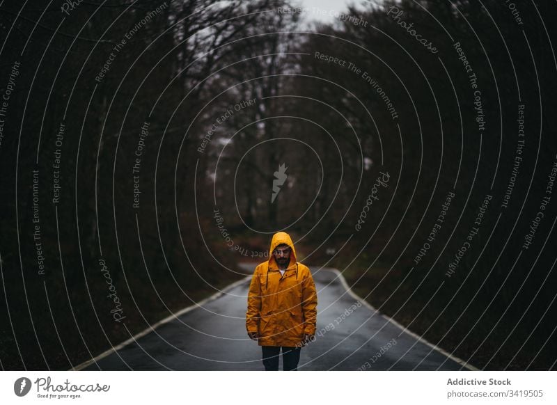 Mann steht auf einsamer Straße im Herbstwald Wald Spaziergang Natur Regen Weg Baum Saison Wetter leer lässig gelb Mantel Jacke Freiheit Landschaft Asphalt