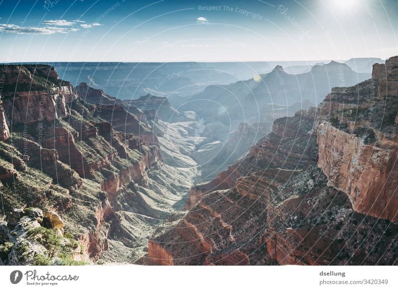 Blick in den Grand Canyon kurz vor Sonnenuntergang Abend Westen Urelemente Ausflug wandern Freiheit Fernweh Erde Stein Kontrast Sommer Berge u. Gebirge