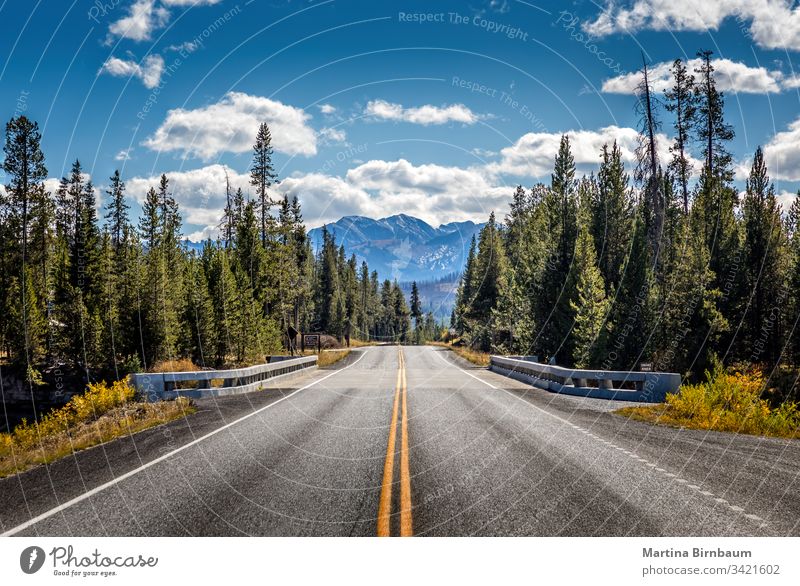 Straße vom Yellowstone-Nationalpark zum Grand-Teton-Nationalpark, Wyoming, USA Grand Teton Yellowstone Nationalpark Landschaft reisen blau Asphalt Natur Himmel