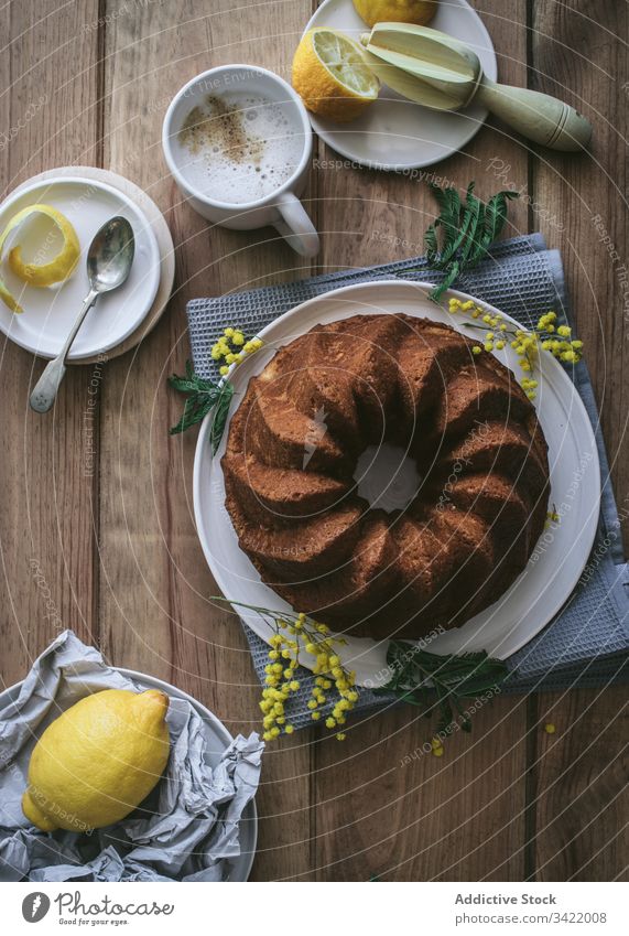 Stilvoll servierter Zitronen-Kokos-Kuchen Dessert Kokosnuss Tisch Teller hölzern Bestandteil dienen dekorieren Veganer Lebensmittel lecker geschmackvoll süß