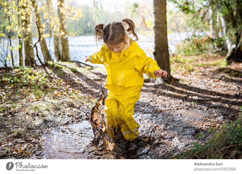 Süßes kleines Mädchen springt in einer schlammigen Pfütze und trägt einen gelben Gummioverall. Glückliche Kindheit. Sonniger Herbstwald bezaubernd Stiefel offen