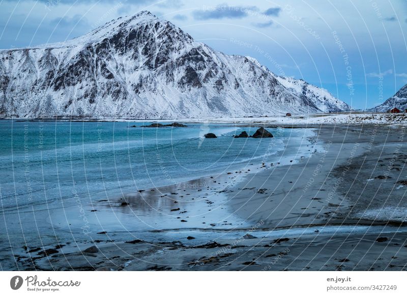 Strand mit Spiegelung eines schneebedeckten Berges Norden Erholung Winterurlaub Meer Schnee Zentralperspektive Umwelt Ferien & Urlaub & Reisen Landschaft Himmel