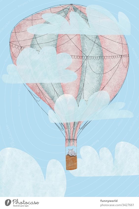 Illustration eines kleines Nilpferdes in einem Heißluftballon Baby niedlich handgezeichnet Charakterdesign Cartoon-Tiere Handmalerei niedliche Tiere fröhlich