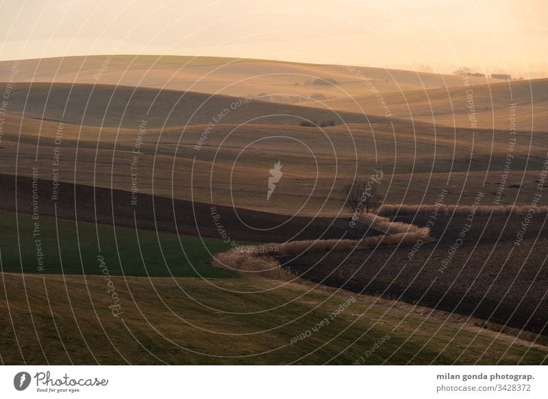 Ländliche Landschaft der Region Turiec in der Nordslowakei. Slowakische Republik ländlich Frühling Ackerbau Natur Tal Feld Abend schemenhaft