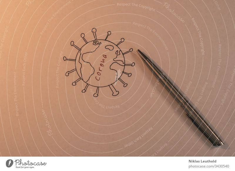 Corona Planet Pandemie COVID-19 Coronavirus Welt Globus Kugel Virus Stift Blatt Papier zeichnung Corona virus Infection verbreiten verbreitung Risk of infection