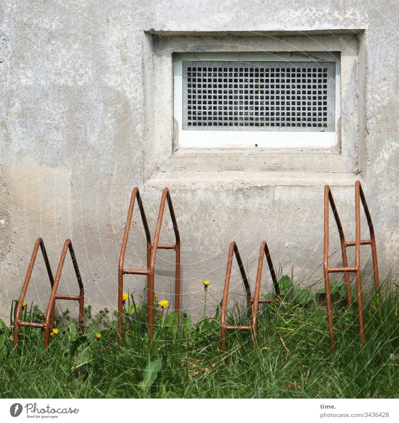 Design & Dasein fenster beton kellerfenster bauwerk lüftung fahrradständer wiese löwenzahn service abstellen parkplatz haus wand mauer metall stellvorrichtung