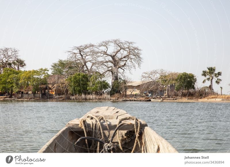 Blick aus hölzernem Fischerboot auf Inselufer in afrikanischer Landschaft Boot Piroge Einbaum Holzboot Schifffahrt fischfang fischen angeln Anker Bug Heck Seile