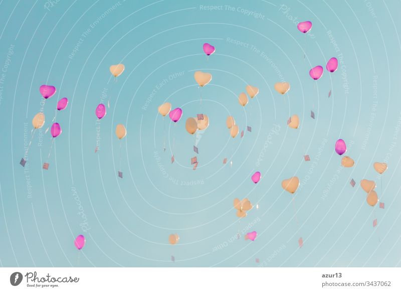 Herz-Liebes-Ballons fliegen mit Zeremonie-Wünschen in den türkisfarbenen Himmel. Romantisches Symbol für eine zukünftige Partnerschaft. Gruppe von schönen Herzballons mit Glückwunschkarten bei der Hochzeitsfeier oder am Valentinstag