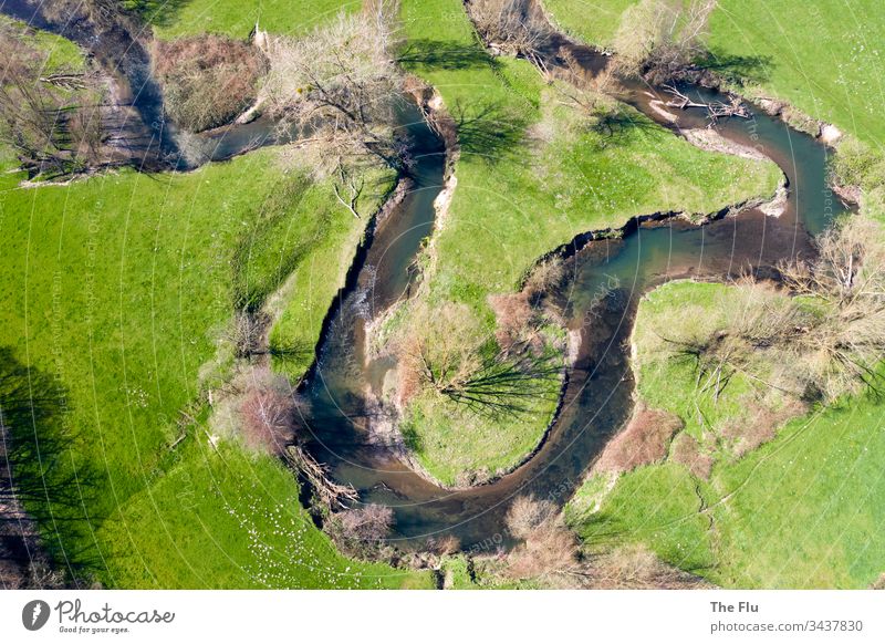 Mäandrierender Fluss mit Herz fluss flussufer Wasser Flußbett mäander Wiese Bäume kahl grün Luftaufnahme Vogelperspektive Menschenleer Landschaft Außenaufnahme