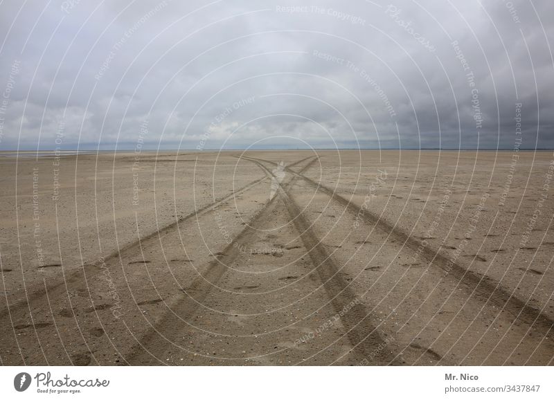 Reifenspuren am Strand Meer Sand Ferien & Urlaub & Reisen Spuren Küste Ferne Einsamkeit weite Nordsee Landschaft Natur Umwelt Verkehr Tourismus Horizont Muster