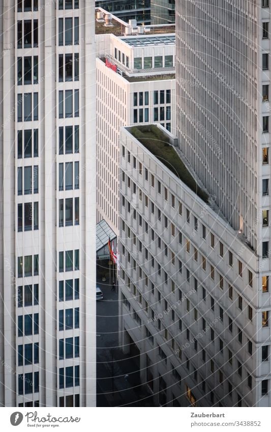 Helle Hochhausfassaden mit Straßenschlucht in Berlin-Mitte Fassade Fenster urban Großstadt Hauptstadt Architektur Stadtzentrum modern Neubau grau hellgrau weiß