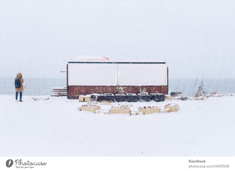 Schneelandschaft am Meer Winter Mädchen Spaziergang laufen Frau Landschaft MEER Wasser Natur kalt Strand Wetter weiß Eis Himmel Hintergrund Bucht Licht reisen