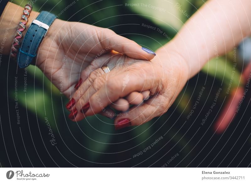 Unerkennbare Großmutter und ihre Enkelin, die mit Liebe die Hand halten. Konzept zum Schutz der Großeltern. Konzepte Händchenhalten Frauen