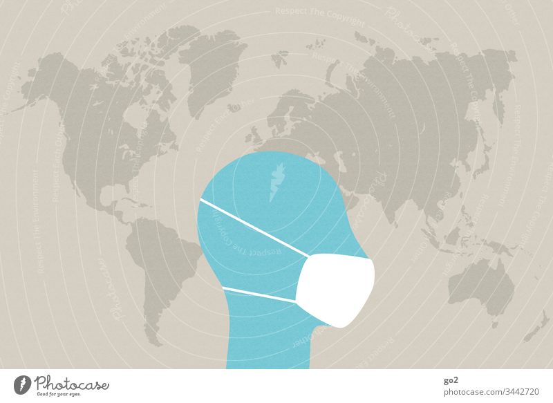Kopf mit Mundschutz vor Weltkarte niesen ansteckend Ansteckungsgefahr Virus Krankheit Hygiene Infektion Gesundheitswesen Medizin Coronavirus Krankenhaus Seuche