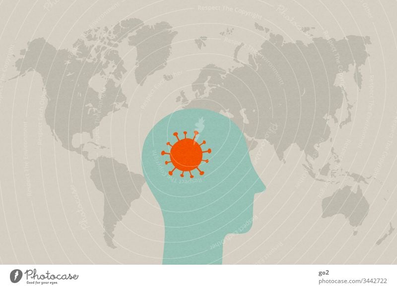Kopf mit Virus vor Weltkarte niesen ansteckend Ansteckungsgefahr Krankheit Hygiene Infektion Gesundheitswesen Medizin Coronavirus Krankenhaus Seuche Schutz