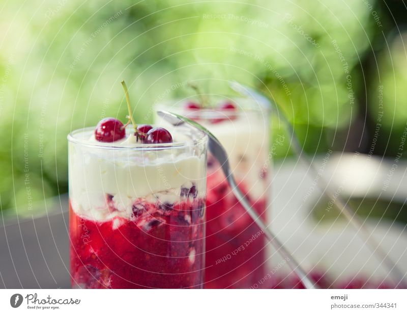 sommerlich Frucht Dessert Speiseeis Süßwaren Ernährung Glas Löffel lecker sauer süß Johannisbeeren Sahne Farbfoto Außenaufnahme Nahaufnahme Menschenleer Tag