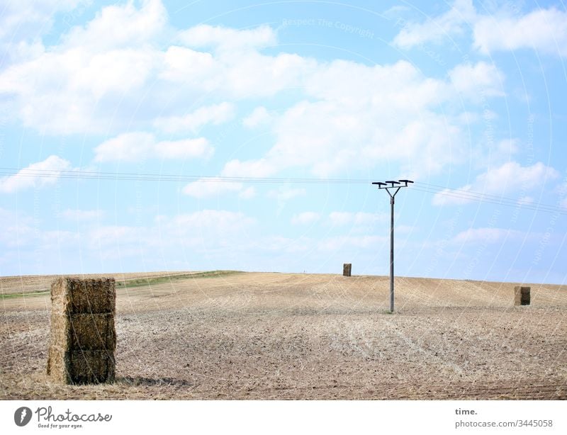 versandfertig heu heuballen acker strommast transport energiewirtschaft Landwirtschaft himmel wolken schönes wetter weite stehen sonnenlicht schatten horizont