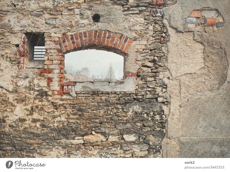 Abrissromantik Mauer Wand Fassade alt Abrisshaus Luke Farbfoto Menschenleer Haus Tag Fenster Gebäude trist Detailaufnahme Steine Steinwand schadhaft