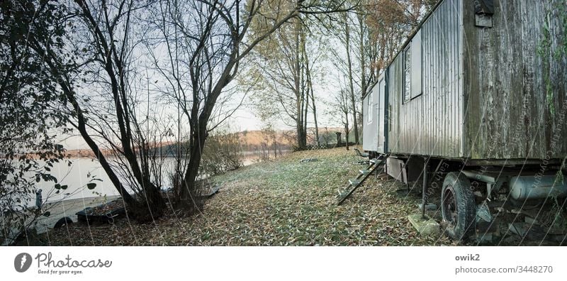 Ferienplatz Panorama (Bildformat) trist Bauwagen alt trashig abgelegen Wiese Bäume Zweige u. Äste See Sonnenlicht Himmel ruhig friedlich Idylle natürlich