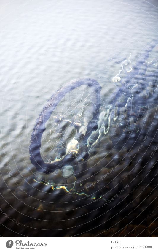 Geklautes Fahrrad liegt nach Diebstahl, Vandalismus im Wasser von einem Fluss, See oder anderem Gewässer, im Vordergrund unter der Wasseroberfläche, ist der Reifen vom Rad.