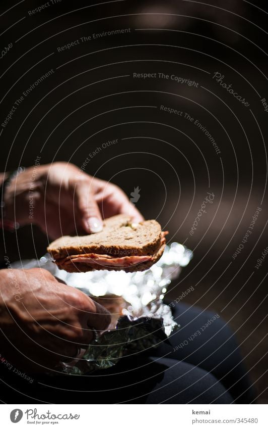 Mama packt aus Wurstwaren Brot Ernährung Picknick Wurstbrot Metallfolie Verpackungsmaterial Ausflug Mensch Frau Erwachsene Hand Finger Fingernagel 1 Essen