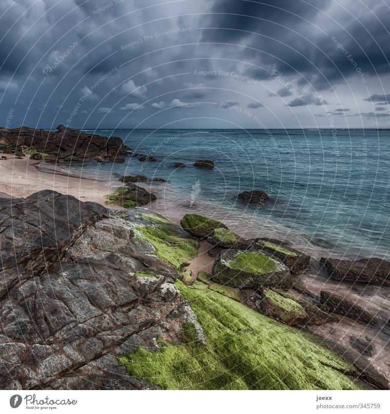 Grenzen Landschaft Sand Wasser Himmel Wolken Gewitterwolken Horizont Sommer Klima Wetter schlechtes Wetter Unwetter Moos Felsen Strand Meer Insel Stein eckig