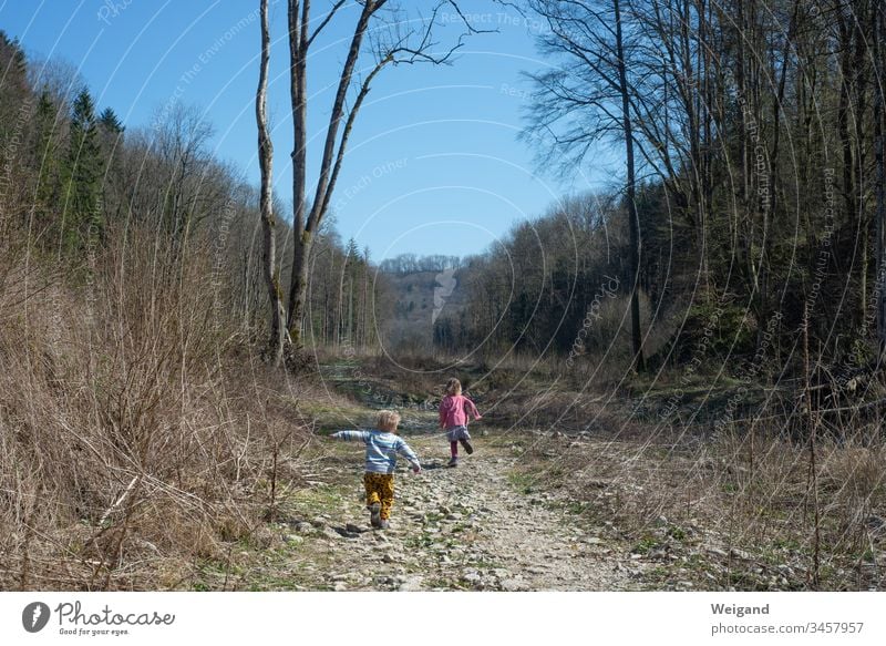 Kinder toben im Wald Weg Kindheit Ausflug Ferien Herbst Familie Wanderung entdecken Urlaub Spannung rennen Feldweg Sommer Tal Hohenlohe