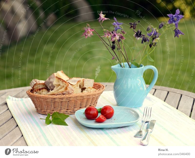 MagerKost Lebensmittel Brot Tomate Ernährung Vegetarische Ernährung Teller Besteck Messer Gabel Garten Frühling Sommer Schönes Wetter Blume Akelei Vase hell