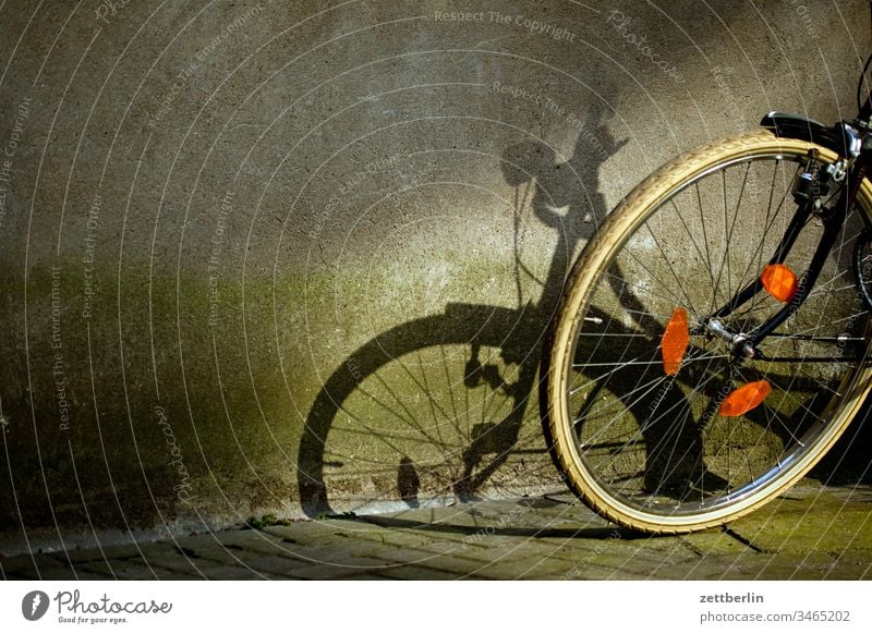 Schatten vom Fahrrad abgestellt abstellplatz fahrrad hinterhof licht schatten vorderrad sonne verkehrsmittel sport warten parkplatz fahrradständer reifen