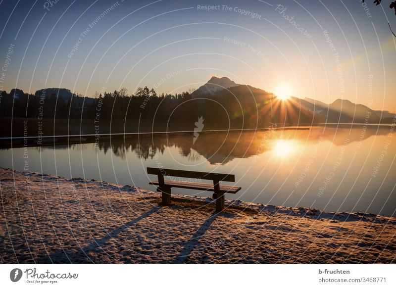 Parkbank am See, Morgenstimmung mit Sonnenaufgang Landschaft Stimmung Natur Außenaufnahme Menschenleer Morgendämmerung Reflexion & Spiegelung Seeufer Umwelt