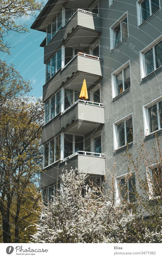 Fassade eines Mehrfamilienhauses mit Balkonen und einem gelben Sonnenschirm und blühenden Bäumen und Sträuchern im Frühling Wohnhaus zuhause Häusliches Leben