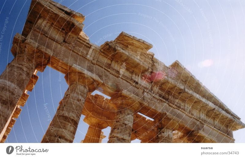 Die Tempel von Paestum 3 Italien Griechen Ferien & Urlaub & Reisen Europa Licht Kultur historisch Gebäude Architektur Säule Römerberg Himmel