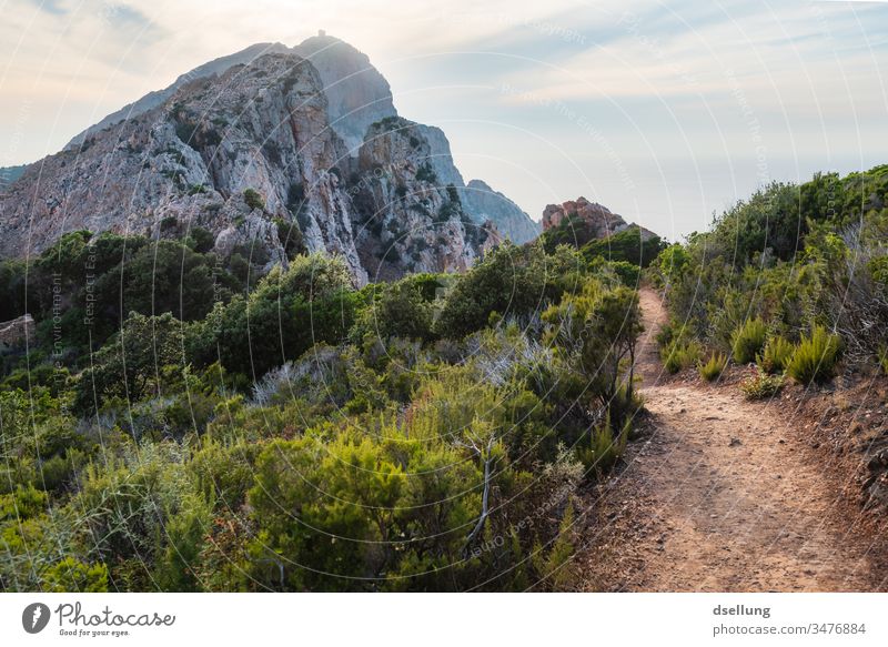 Idyllischer Wanderweg im Grünen mit Blick auf einen imposanten Berg, der über den Horizont ragt Abend entfernung stark schön Wellness entdecken hell Licht Tag