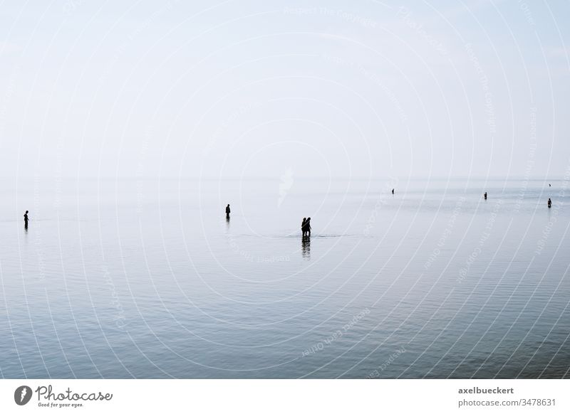 Silhouetten von Menschen, die durch flaches Wasser gehen und waten Meer Nordsee Ebbe Niedrigwasser Gezeiten seicht spazierengehen Menschengruppe Schatten