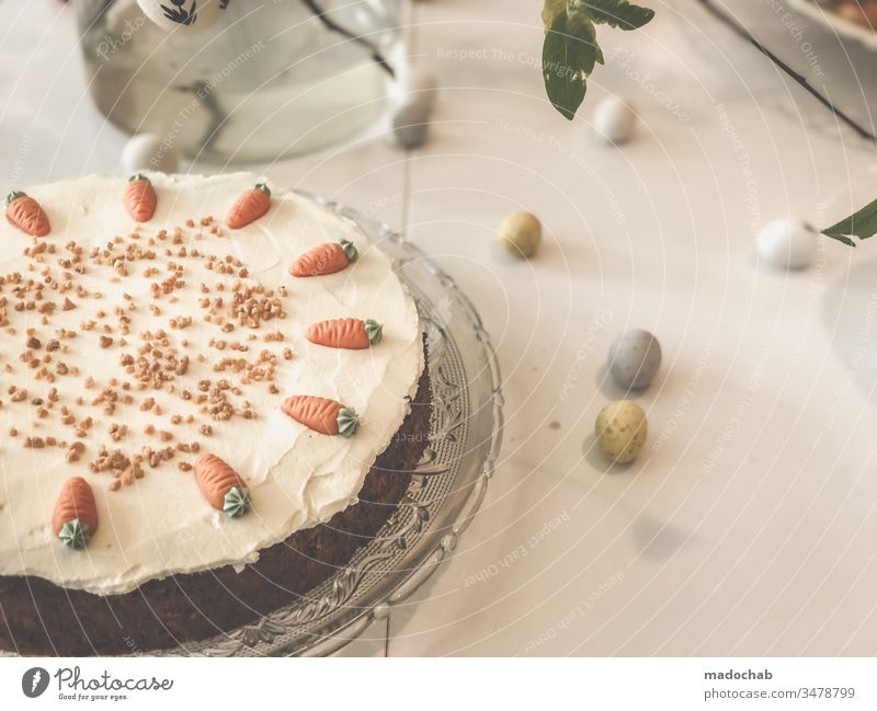 Rübli-Kuchen Karottenkuchen auf Tisch zu Ostern Ernährung Lebensmittel backen Foodfotografie Dessert Gesunde Ernährung Backwaren süß lecker