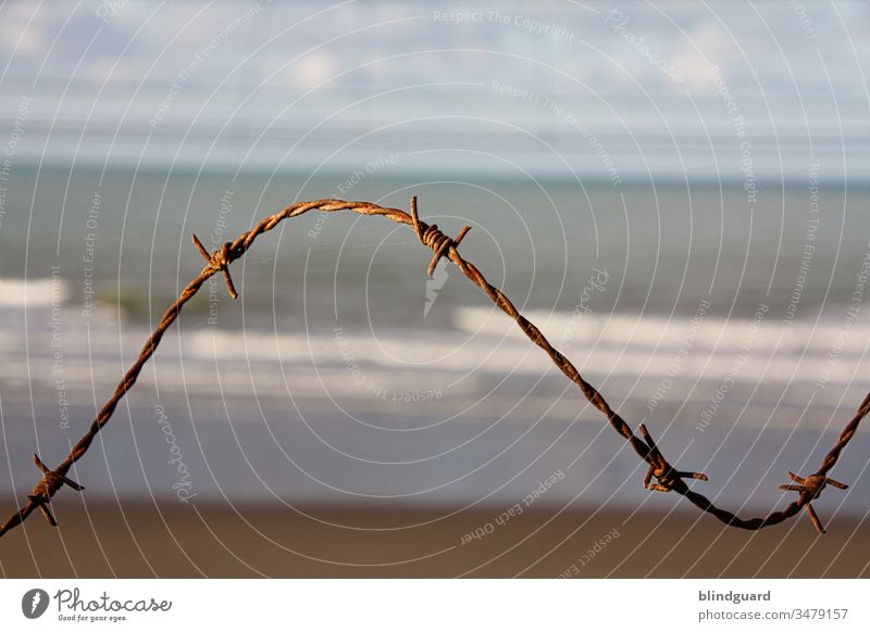 Strand betreten verboten! Rostiger Stacheldraht im Sonnenlicht am Nordseestrand in Ostende (Belgien). Zum Schutz der Batterie Aachen im WWII am Atlantikwall.