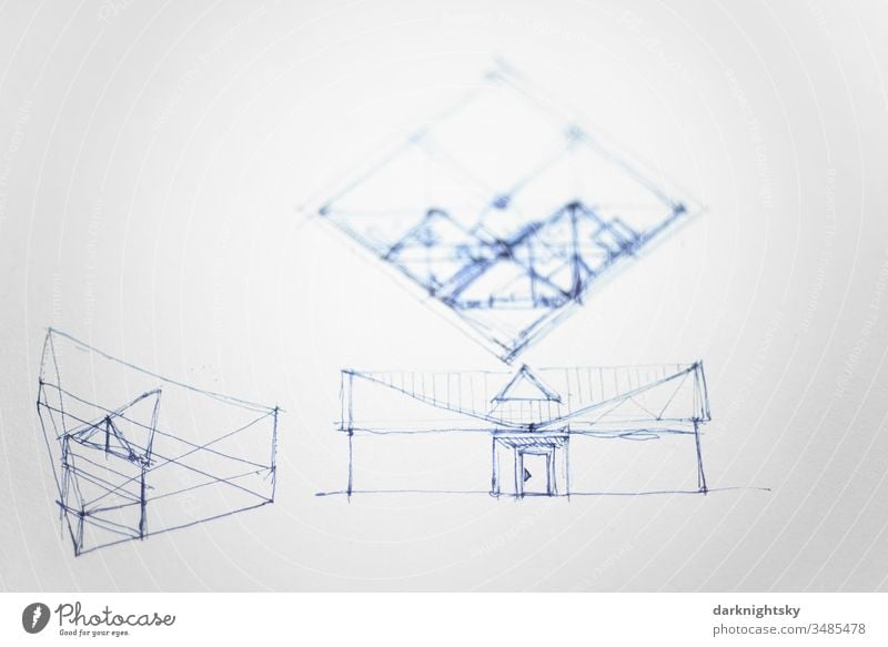 Architektur Skizze in Tusche auf Papier Entwurf individuell Haus Unternehmen Industrie Bauwerk Handskizze Kreativität blaue Gebäude Textfreiraum oben Fassade