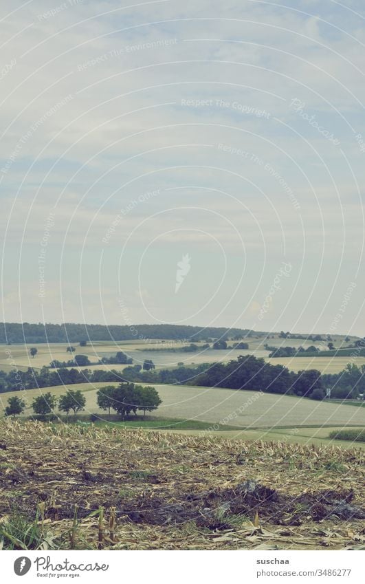 sommerliche landschaft über felder und äcker mit blick in die ferne Landschaft Landwirtschaft Ackerbau Felder Anbau Wiesen Büsche Bäume Natur Deutschland